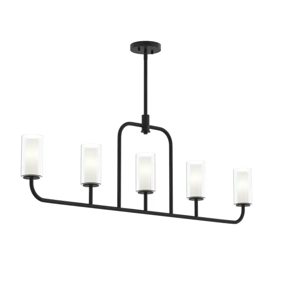 The Mack Five-Light Linear Chandelier combines transitional styling with a sleek brushed nickel finish, making it an ideal choice for kitchen islands and dining areas. Its linear design provides balanced illumination across rectangular spaces. - alternate view