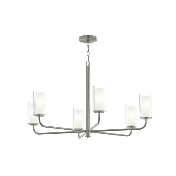 The Mack six-light linear chandelier combines clean lines with transitional styling, making it adaptable to various interior aesthetics. Its brushed nickel finish offers timeless appeal while the linear form provides excellent task lighting. - alternate view