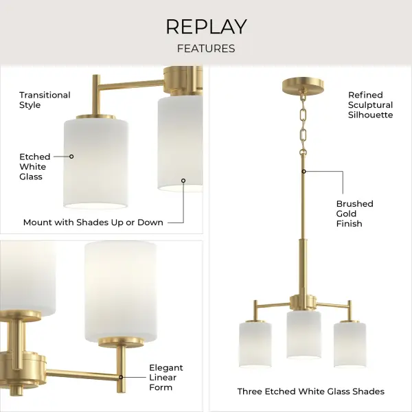 Replay Three-Light Etched White Glass Chandelier - Image 7