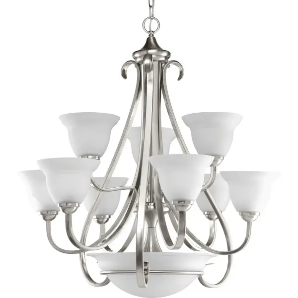 The Torino chandelier combines brushed nickel finish with etched glass shades for sophisticated illumination. Nine lights provide ample brightness for large spaces while the transitional design complements both traditional and contemporary interiors. - alternate view