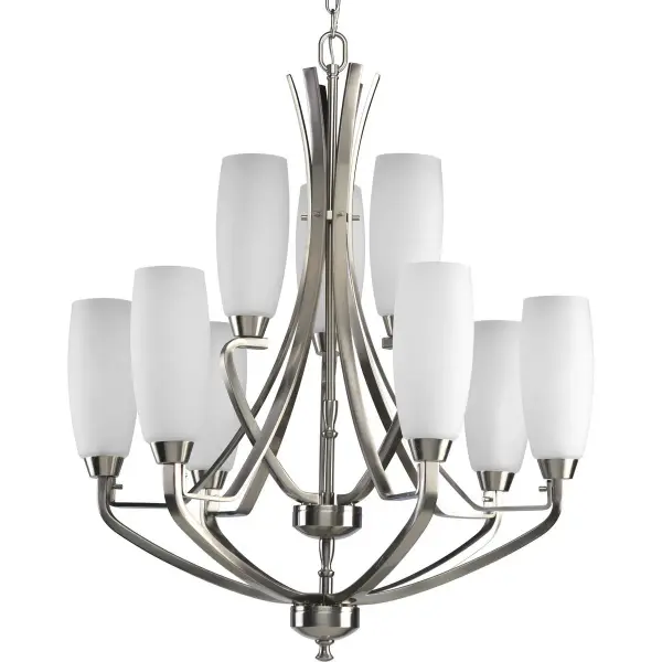 The Wisten chandelier combines modern sophistication with timeless appeal through nine etched glass shades and brushed nickel finish. Perfect for large dining rooms and grand foyers, it delivers substantial illumination while maintaining an elegant presence.