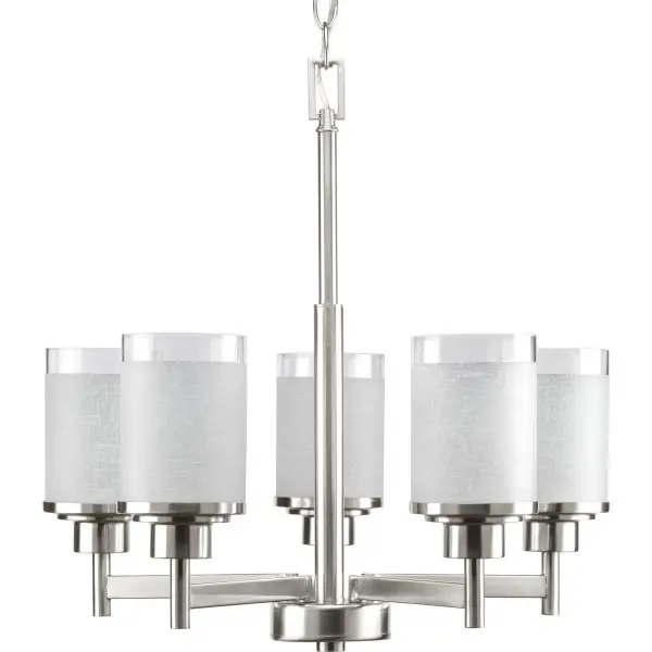 The Alexa chandelier combines clean modern lines with clear edge glass shades and brushed nickel finish. Five lights provide ample illumination while the transparent glass creates an airy, sophisticated look perfect for contemporary dining spaces.