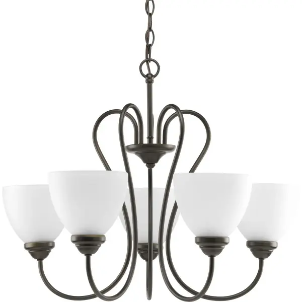 The Heart Collection Five-Light Chandelier brings farmhouse charm to any space with its brushed nickel finish and five-light configuration. Perfect for dining rooms and kitchens, this fixture offers excellent value and versatile styling. - alternate view