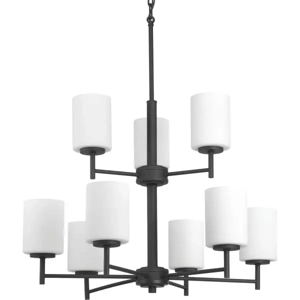 The Replay Collection chandelier brings contemporary elegance with nine lights arranged in a modern configuration. Its brushed nickel finish offers versatile styling that complements both modern and transitional interiors.