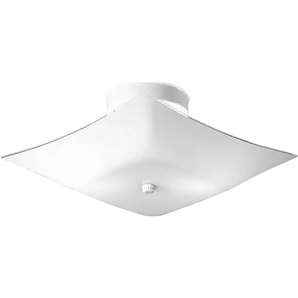 This 12-inch square glass flush mount delivers practical illumination with traditional styling. The two-light configuration and white finish provide versatile appeal for smaller spaces requiring low-profile lighting.