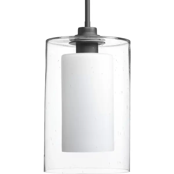 This single-light pendant combines etched white inner glass with seeded outer glass for a distinctive layered look. The graphite finish adds modern contrast to the farmhouse aesthetic, making it versatile for kitchens, dining areas, and bedrooms.