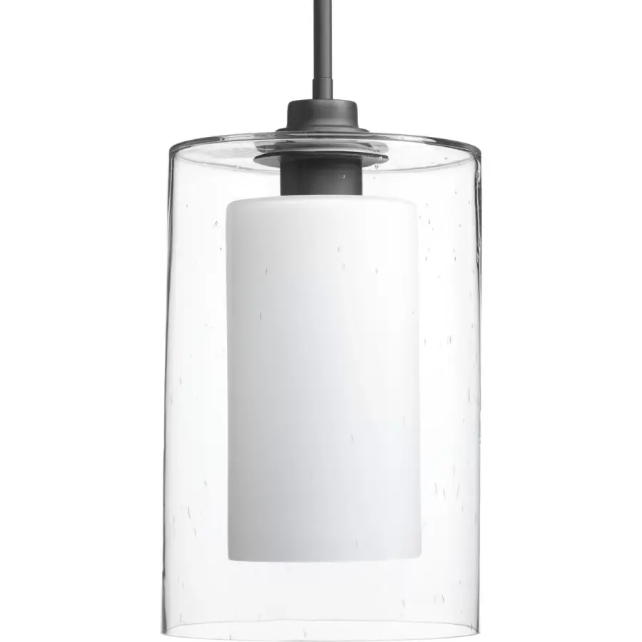 Double Glass Pendant Light with Etched White and Seeded Glass - Image 1