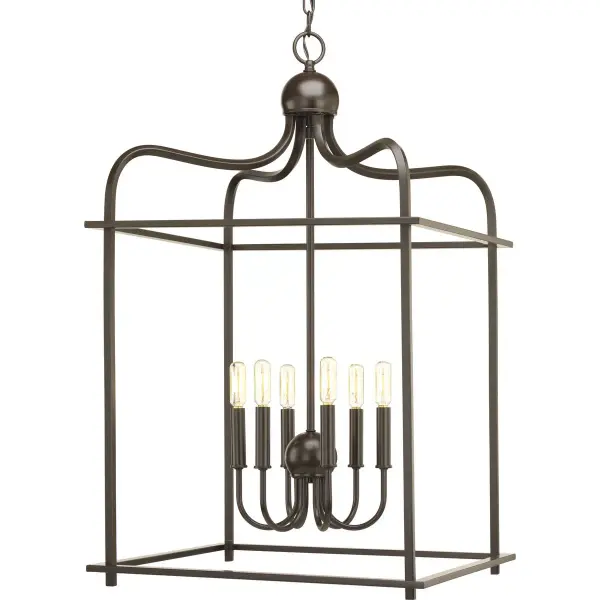 The Assembly Hall pendant brings airy coastal elegance with six lights in a brushed nickel finish. Its generous scale and clean design work beautifully over dining tables or kitchen islands, offering ample illumination with sophisticated style. - alternate view