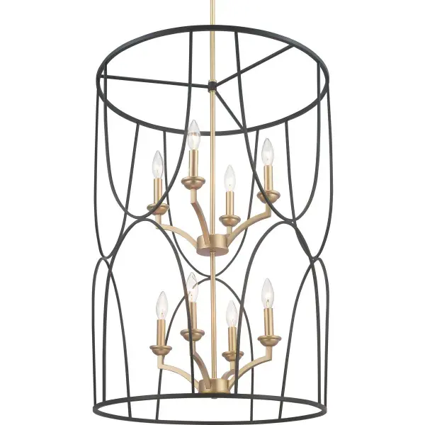 The Landree Collection brings sophisticated drama to high-ceiling spaces with eight lights arranged in an elegant configuration. Its black finish provides versatile modern appeal while the substantial scale commands attention in foyers and dining rooms.