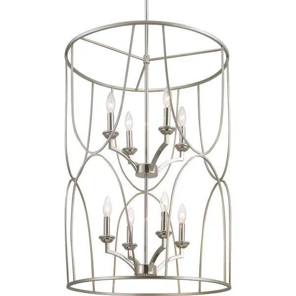 The Landree Collection brings sophisticated drama to high-ceiling spaces with eight lights arranged in an elegant configuration. Its black finish provides versatile modern appeal while the substantial scale commands attention in foyers and dining rooms. - alternate view