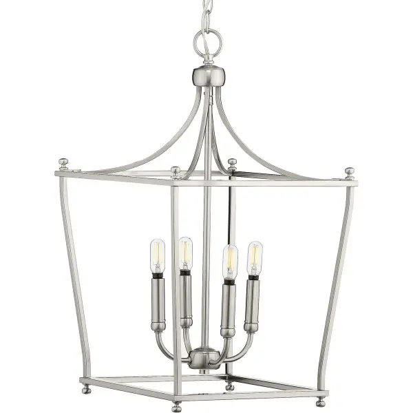 The Parkhurst foyer pendant combines traditional elegance with contemporary simplicity. Four lights provide ample illumination for entryways and dining spaces, while the brushed nickel finish adds refined sophistication.