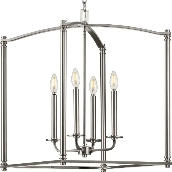 The Winslett Collection brings sophisticated coastal style to your entryway with its four-light configuration and brushed nickel finish. Perfect for medium-sized foyers and dining rooms, this pendant offers ample illumination while maintaining an airy, refined aesthetic. JA8 compliant for California energy standards. - alternate view