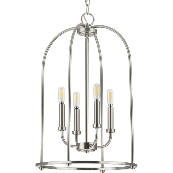The Leyden four-light pendant combines transitional elegance with coastal and farmhouse charm. Its brushed nickel finish and clean lines make it ideal for foyers, dining rooms, and kitchens seeking sophisticated yet approachable lighting.