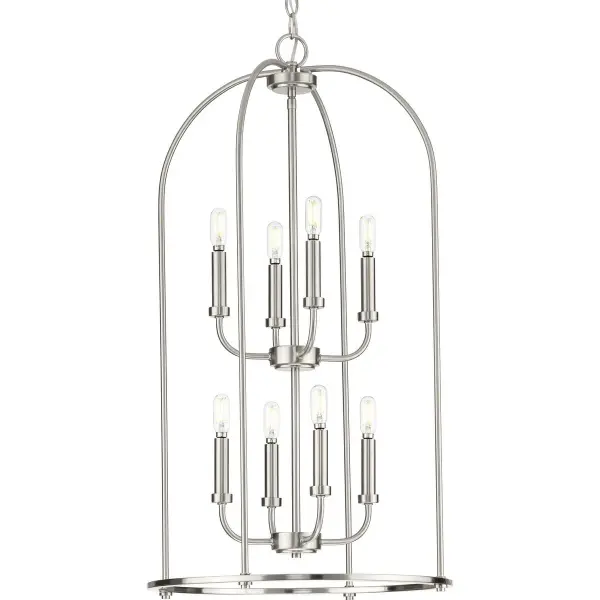The Leyden foyer pendant combines transitional elegance with farmhouse charm through its eight-light configuration and brushed nickel finish. Perfect for making a welcoming first impression in grand entryways and dining spaces.
