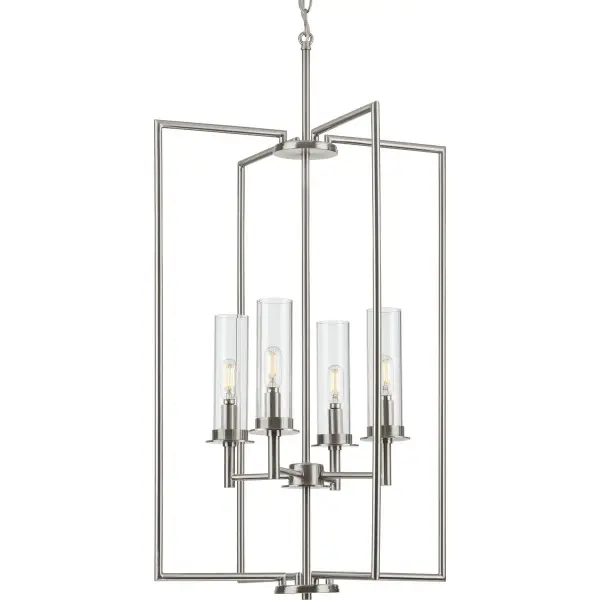 The Kellwyn four-light pendant combines timeless clear glass with brushed nickel finish for versatile transitional style. Perfect for foyers and dining rooms, it provides ample illumination while maintaining an open, airy aesthetic.