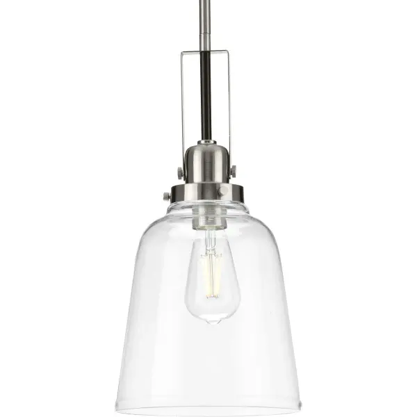 The Rushton pendant combines farmhouse charm with industrial edge through its clear glass shade and brushed nickel hardware. JA8 and Title 22 compliant, it's perfect for California installations and energy-conscious projects.