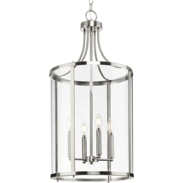 The Gilliam Collection combines transitional elegance with farmhouse charm, featuring a four-light configuration ideal for entryways and dining spaces. Its brushed nickel finish offers timeless appeal. - alternate view