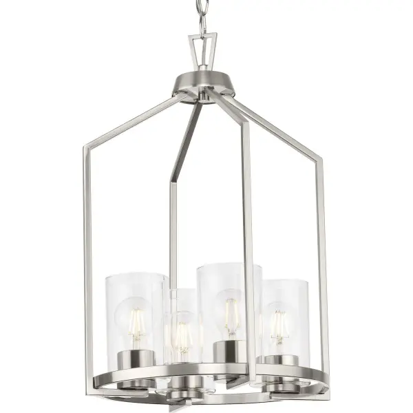 The Goodwin four-light pendant combines modern farmhouse charm with transitional elegance. Its brushed nickel finish and clean lines make it adaptable to various interior styles while providing ample illumination.