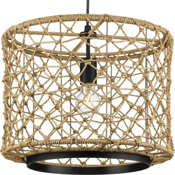 The Chandra pendant combines organic woven materials with a sleek matte black finish, creating a transitional fixture that bridges coastal and modern aesthetics. Its textured shade filters light beautifully while adding natural warmth to any space.
