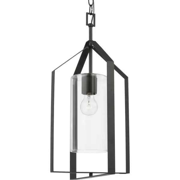 The Vertex foyer pendant combines clean contemporary lines with transitional appeal. Its clear glass shade and brushed nickel finish create a sophisticated look perfect for entryways and hallways.