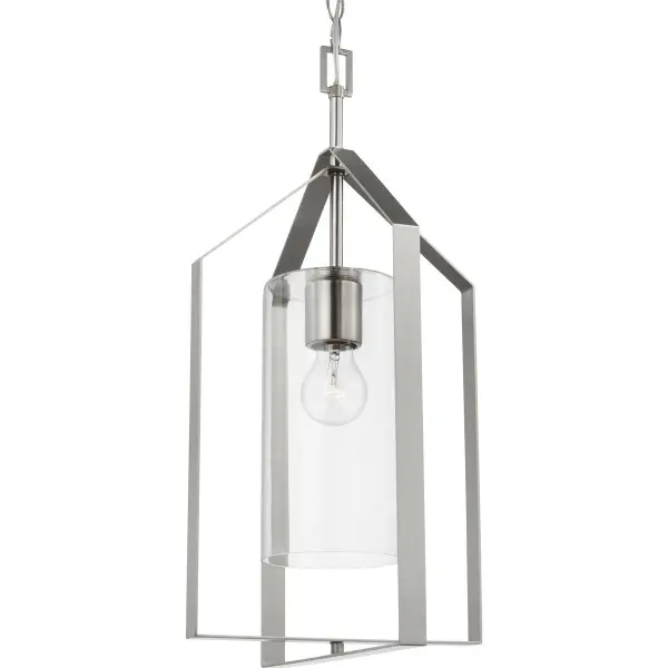 The Vertex foyer pendant combines clean contemporary lines with transitional appeal. Its clear glass shade and brushed nickel finish create a sophisticated look perfect for entryways and hallways. - alternate view