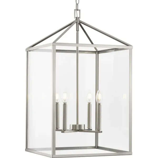 The Hillcrest four-light pendant combines transitional elegance with modern farmhouse charm. Its brushed nickel finish and clean lines make it ideal for entryways, dining rooms, and kitchens seeking sophisticated yet approachable lighting.