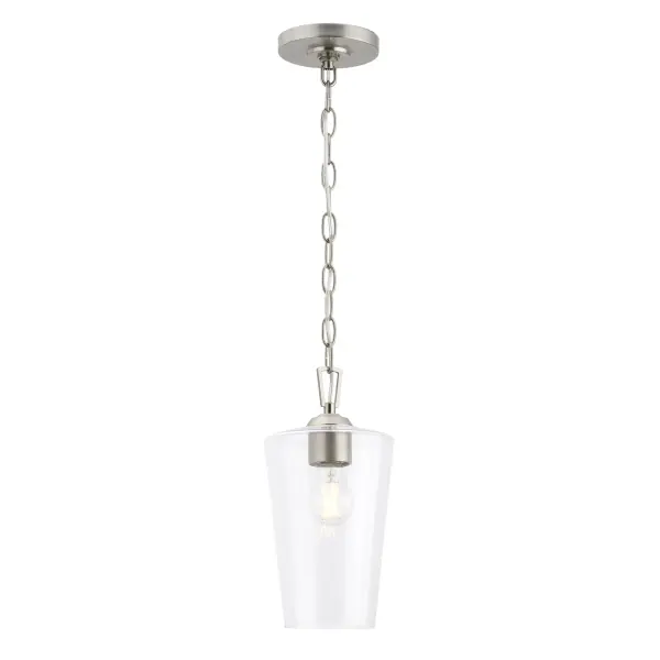 The Celino One-Light Pendant combines clean contemporary styling with versatile brushed nickel finish. Perfect for kitchen islands, dining areas, or as a focal point in smaller spaces. Compact design works well in multiples.