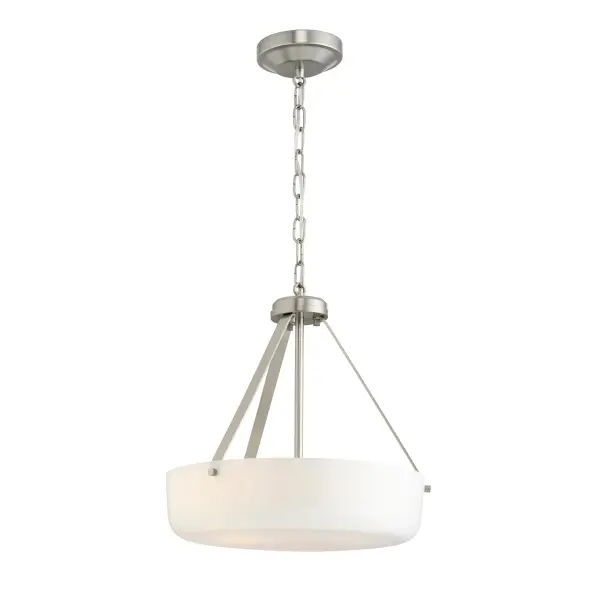 The Lieon three-light pendant offers flexible installation as either a pendant or semi-flush mount. Its brushed nickel finish and clean transitional design make it adaptable to various interior styles.