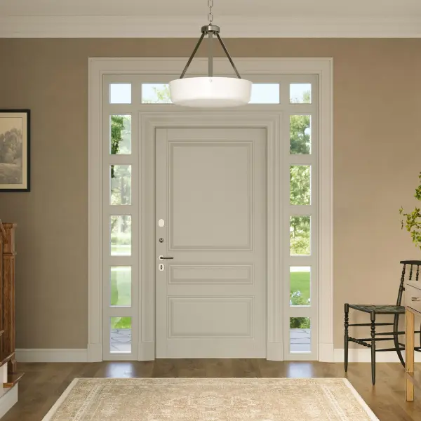 The Lieon three-light pendant offers flexible installation as either a pendant or semi-flush mount. Its brushed nickel finish and clean transitional design make it adaptable to various interior styles. - alternate view