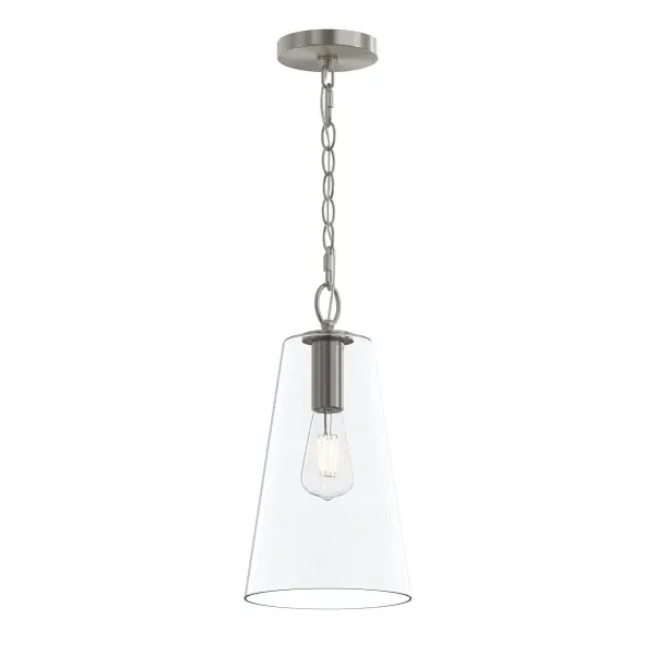 The Jheni Pendant combines transitional elegance with modern simplicity in a brushed nickel finish. Its compact design makes it ideal for task lighting over kitchen islands, bathroom vanities, or as accent lighting in smaller spaces. - alternate view