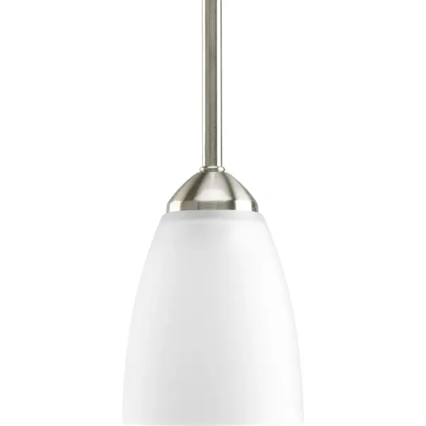 The Gather Collection mini-pendant combines traditional styling with versatile brushed nickel finish and etched glass shade. Perfect for kitchen islands, dining areas, or clustered installations where soft, diffused light is desired.