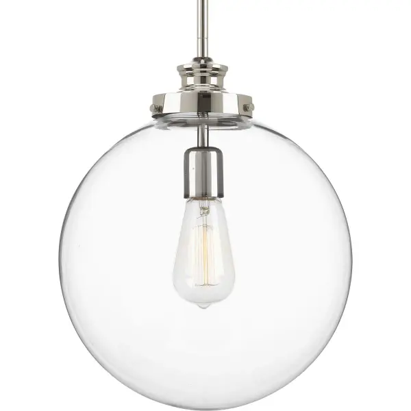 The Penn Collection pendant combines farmhouse charm with transitional elegance. Its polished nickel finish and clear glass shade deliver timeless style perfect for kitchens, dining areas, and bedrooms.
