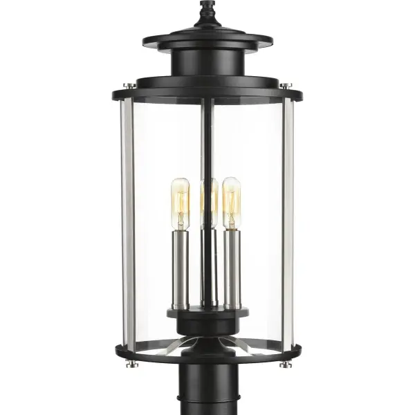 The Squire Collection post lantern brings traditional elegance to outdoor spaces with its three-light design and antique bronze finish. Perfect for illuminating pathways, driveways, and entryways with classic style. - alternate view