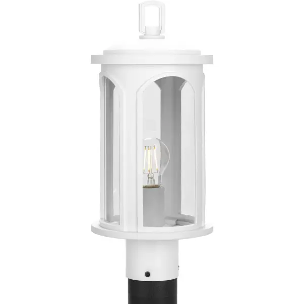 The Gables post lantern combines traditional design with coastal charm and modern durability. Clear glass panels showcase the light source while the Satin White finish resists harsh weather conditions with DURASHIELD technology. - alternate view