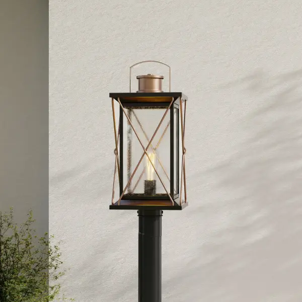 The Barlowe post lantern brings rustic farmhouse charm to outdoor spaces with its antique bronze finish and traditional lantern silhouette. JA8 compliant for California energy standards, perfect for porches and pathways. - alternate view