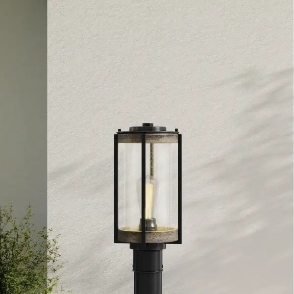 The Whitmire post light combines rustic farmhouse style with modern functionality. Its matte black finish and clear seeded glass create timeless curb appeal while meeting California Title 24 and JA8 compliance standards. - alternate view