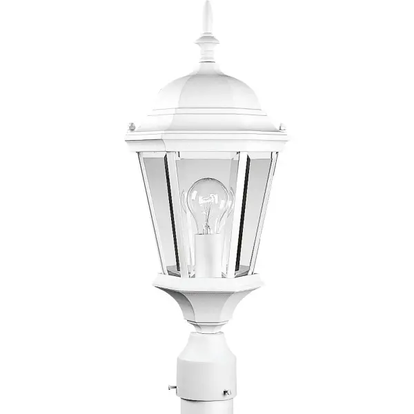 The Welbourne post lantern brings timeless traditional styling to outdoor spaces with its textured white finish and clear glass panels. JA8 compliant for California energy standards, perfect for residential pathways and patios. - alternate view