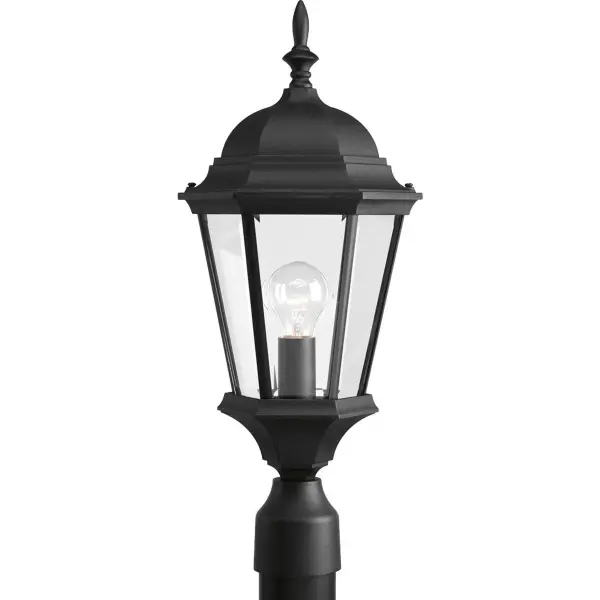 The Welbourne post lantern delivers traditional elegance with its textured black finish and clear glass panels. JA8-compliant for California energy standards, this fixture combines classic styling with modern efficiency.