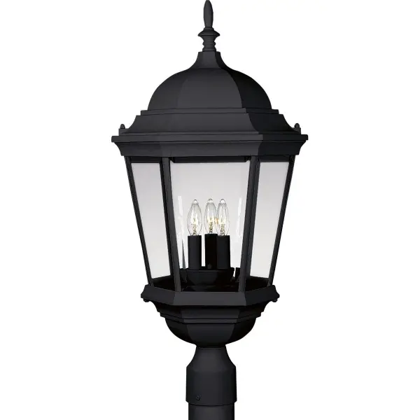 The Welbourne post lantern brings traditional elegance to outdoor spaces with its three-light design and textured black finish. JA8 compliant for California energy standards, this fixture combines classic styling with modern efficiency.