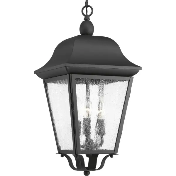 The Kiawah three-light hanging lantern combines traditional farmhouse styling with coastal elegance. Its black finish and clear glass panels create a timeless look perfect for porches, patios, and covered outdoor areas.