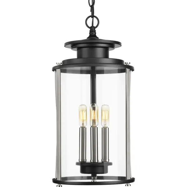 The Squire three-light hanging lantern combines traditional design with durable outdoor construction. Its antique bronze finish and clear glass panels create warm, welcoming illumination for covered outdoor spaces.