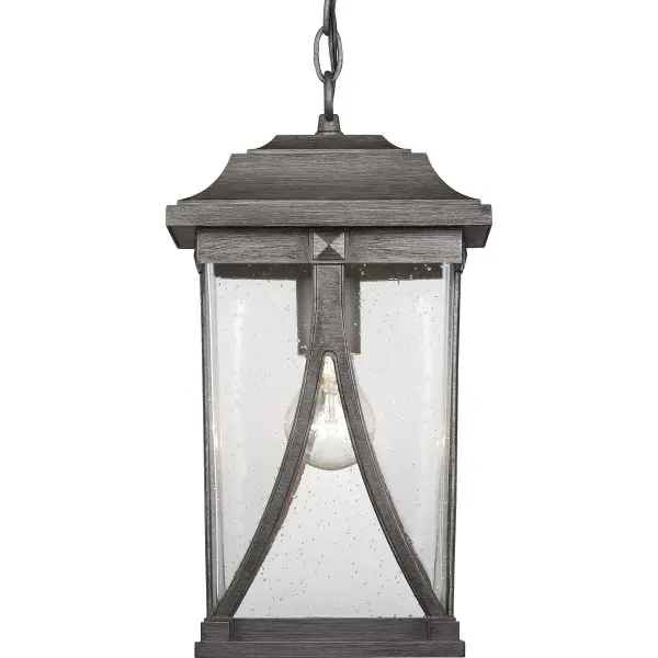 The Abbott Collection hanging lantern blends traditional craftsman details with clean modern lines in a durable antique bronze finish. JA8-compliant for California energy standards, this versatile fixture works beautifully on covered porches, patios, and outdoor entryways. - alternate view