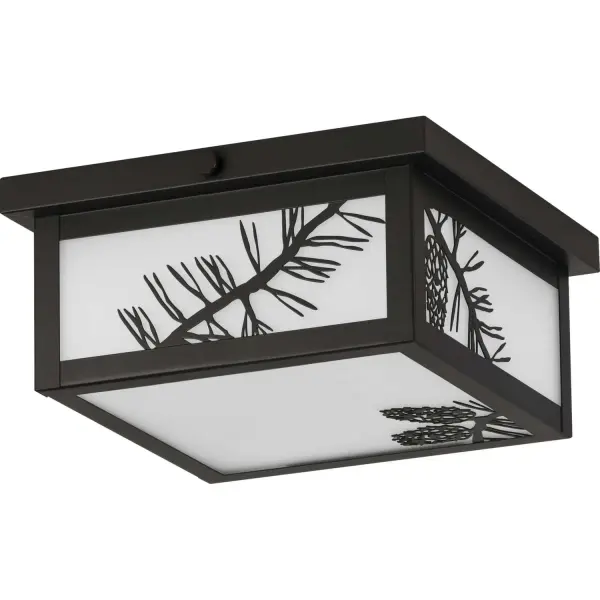 Infuse the beauty of pine trees into your home décor with this nature-inspired outdoor flush-mount. An antique bronze frame is adorned with intricate, forest-inspired designs that capture the beautiful essence of the wild outdoors. Gorgeous etched seeded glass panes serve as a gentle backdrop for the carefully crafted silhouettes to complete the rustic design. Collection: Torrey Rooms: Outdoor Finish: Antique Bronze Glass: Etched Seeded Width: 11.75" Height: 5.50" Length: 11.75" Weight: 6.39 lb Wire: 6" Canopy: 11.751"x1"x11.75" Number of Bulbs: 2 Maximum Wattage: 60.00 W Bulb Type: A19 Bulb Base: E26 Light Source: Incandescent Voltage: 120.00 V Material: Steel Country of Origin: CN Safety Listing: cCSAus Safety Rating: Damp Title 20 Manufacturer Warranty: 1-year Limited Warranty Spec Sheet Parts Diagram