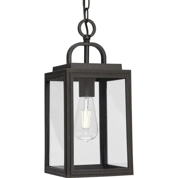 The Grandbury hanging lantern combines timeless transitional design with modern durability. Its Antique Bronze finish and clear glass panels create warm, welcoming illumination for covered outdoor spaces. - alternate view