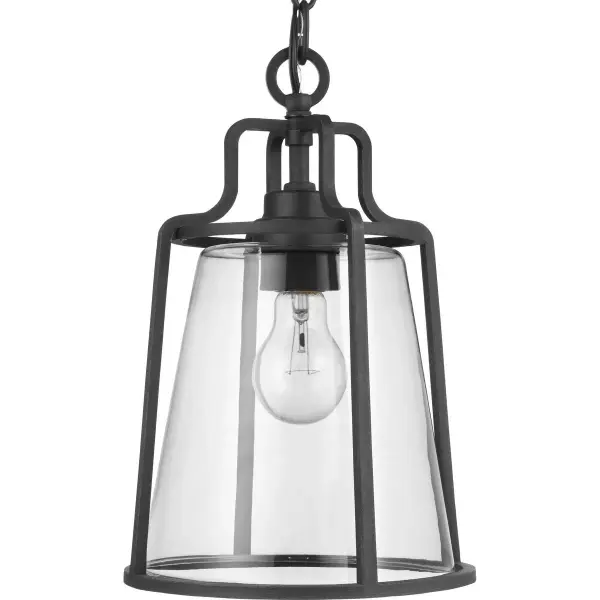The Benton Harbor hanging lantern combines industrial charm with coastal durability. Its black finish with DURASHIELD protection stands up to outdoor elements while providing warm ambient lighting for porches and patios.