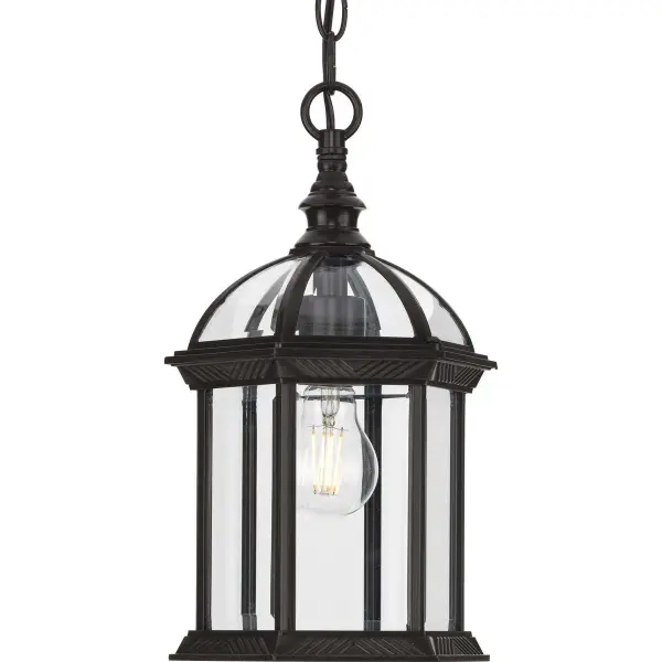 The Dillard outdoor hanging light combines traditional styling with durable construction. Its clear glass shade and antique bronze finish create timeless curb appeal for covered outdoor spaces.