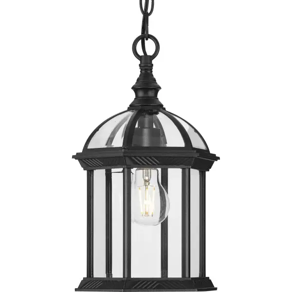 The Dillard outdoor hanging light combines traditional styling with durable construction. Its clear glass shade and antique bronze finish create timeless curb appeal for covered outdoor spaces. - alternate view