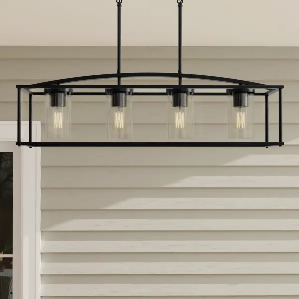 The Swansea outdoor chandelier combines rustic farmhouse charm with weather-resistant construction. Its generous 36-inch width and four-light design make it perfect for covered porches, patios, and large entryways. - alternate view