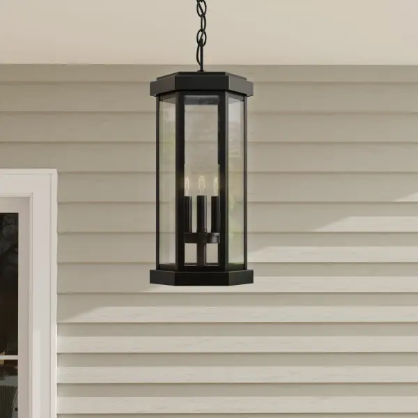 The Ramsey Collection brings timeless farmhouse style to outdoor spaces with its clean-lined black metal frame and clear glass panels. JA8 compliant for California energy standards, this versatile lantern works beautifully on covered porches and patios. - alternate view
