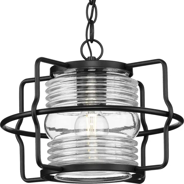 The Keegan outdoor hanging lantern combines industrial style with coastal elegance. Its matte black finish and clear glass panels create a striking silhouette while providing excellent illumination for covered outdoor spaces.